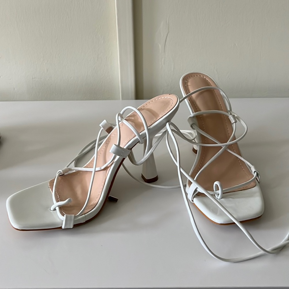 Lace up white heels